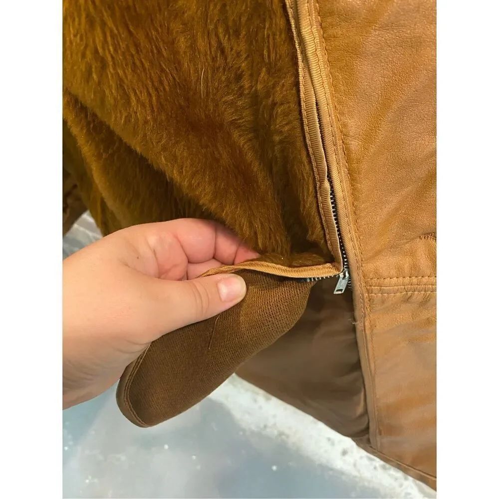 Genuine Leather Vintage 1970s Faux Fur Removable Liner Carmel Jacket • SIZE 40 - Picture 11 of 16